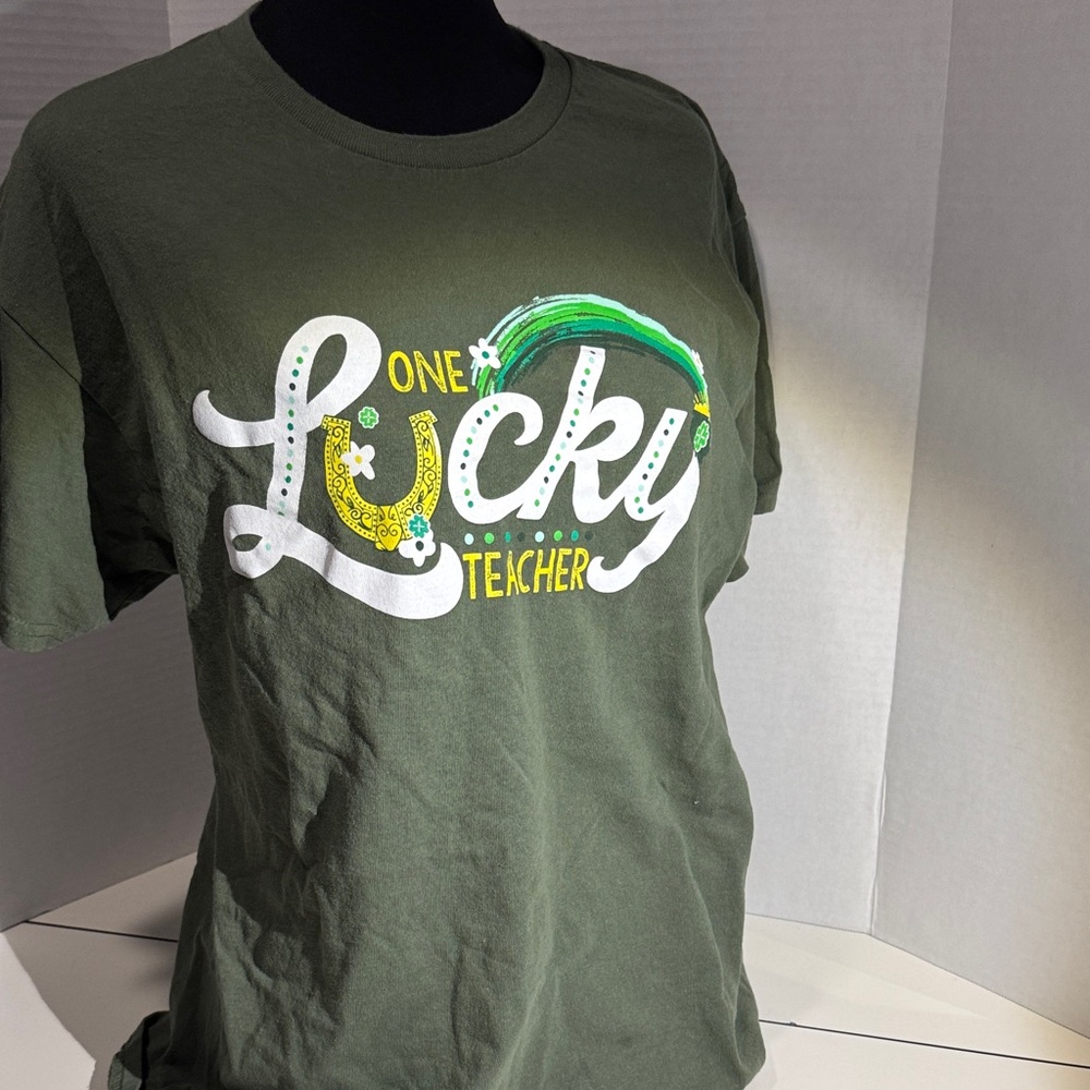 Gildan Olive Green 'One Lucky Teacher' Graphic Tee